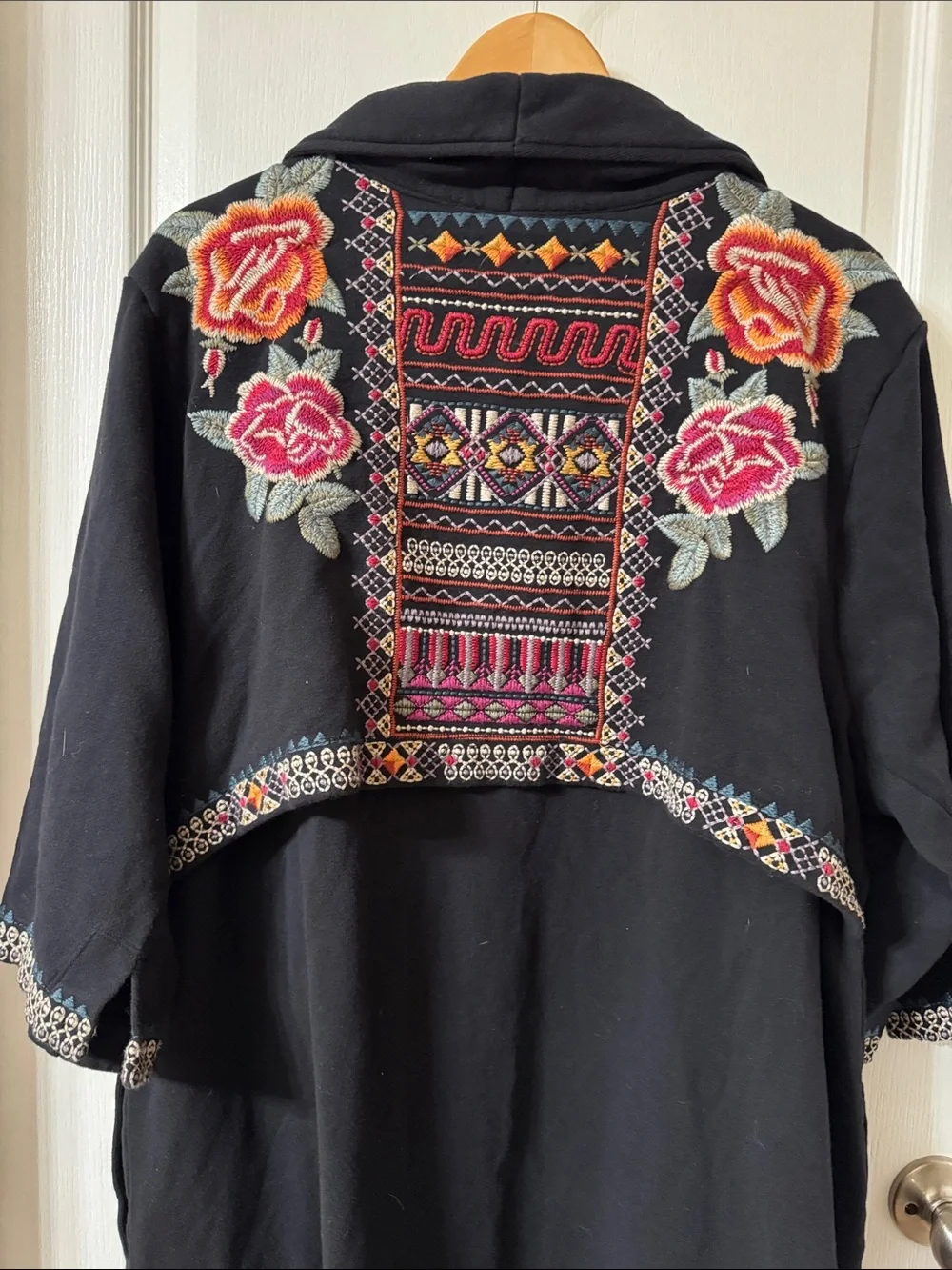 Johnny Was Black Embroidered Kimono| Duster with Rose Accents